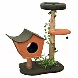 Fudajo Kratzbaum mit Pflanzendeko 114 cm, Katzenkratzbaum mit Teddyfell und Birnbaumholz, Katzenhaus mit Spielbällen, Katzenmöbel mit Plattformen