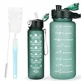 CodiCile 2 Pack Trinkflasche BPA-frei 2L+750ml, Sport-Trinkflasche mit Zeitmarkierung & Strohhalm, Fitnessstudio-Flasche mit Bürste