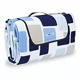Relaxdays Picknickdecke XXL, 200 x 200 cm, wärmeisoliert, Faltbare Stranddecke, wasserdicht, mit Tragegriff, blau-beige