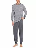 Sykooria Herren Schlafanzug lang mit Bündchen aus Baumwolle Zweiteiliger Pyjama Herren lang, Langarm Shirt & Schlafanzughose, Hellgrau XL
