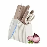 Justup Messer Set, Messerblock mit Messer, 8-teiliges Scharfes Messerblock Set für Küche, Antihaft Rutschfestes Edelstahl-Küchenmesserset mit Block, Professionelles Kochmesser Set (Beige)