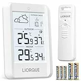 LIORQUE Wetterstation Funk mit Außensensor, Digital Thermometer Hygrometer Innen und Außen Funkwetterstation mit Wettervorhersage, Funkthermometer mit Batteriebetrieben Wetterstation, weiß