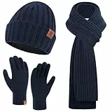 ZASFOU Herren Winter Mütze Schal Touchscreen Handschuhe Set Thermo Beanie Wintermütze Strickmütze Winterschal Winterhandschuhe Geschenk für Männer