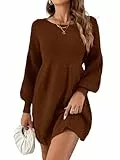 Saodimallsu Damen Rundhals Strickkleid Puffärmel Hoch Tailliert Pulloverkleid Elegant Strickpullover Kleid A-Linie Minikleid Braun M