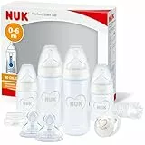NUK Perfect Start First Choice+ Babyflaschen-Set | 0–6 Monate | 4 x Flaschen mit Temperaturkontrolle, Schnuller, Flaschenbürste & mehr | BPA-frei | grau & weiß | 10-teilig