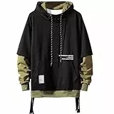 Moshtashio Kapuzenpullover für Herren, Patchwork Hoodie mit Kontrastfarbe Langarm Basic Sweatshirt Pullover mit Kapuze(Schwarz,L)