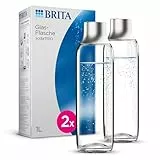 BRITA Glasflasche für sodaTRIO Wassersprudler (1l), 2er Pack Ersatzflaschen – leichte, elegante Wasserflaschen aus Glas im Duo-Pack/Sprudlerflaschen mit Verschluss aus poliertem Edelstahl