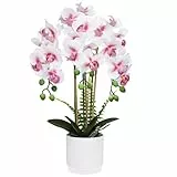 Olrla Rosa künstliche Orchideenblume, 3 Zweige im Weißen Topf Realistische Gefälschte Schmetterlings Orchideen Bonsai für Badezimmer Wohnzimmer Dekoration, Tischdekoration