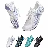 WateLves Unisex Barfußschuhe Damen Herren Wasserschuhe Badeschuhe Schnell Trocknend Weich Traillaufschuhe Fitnessschuhe mit rutschfest Sohle & Breiter Zehenbox(Weiß Lila 38)