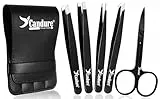 Candure Eyebrow Tweezers Set for Professionals (5Piece) – Stainless Steel Precision Tweezers for Ingrown Hair, Facial Hair, Splinter and Blackhead Remover (Schwarz - 5 Stück)