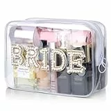 Etercycle Braut Kosmetiktasche, Hochzeitsgeschenk mit Strass & Perlen, Klare wasserdichte PVC Reise Organizer für Damen, Junggesellinnenabschied & Brautdusche (Gold)