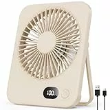 Tischventilator Kleiner - USB Ventilator mit 5 Stufen, 180° verstellbar, Ultra-Slim 3,8 cm, LED-Display, bis zu 8 Std. Laufzeit, Tragbarer Mini Ventilator mit Akku für Büro, Reisen, Schminken, Beige
