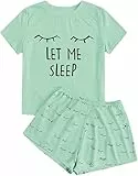 Haloumoning Mädchen Schlafanzüge Sommer Niedliche Shorts Set Bequem Kurzarm Cartoon bedrucktes Pyjama Set T-Shirt und Kurze Hose Set, Hellgrün, 12-14 Jahre