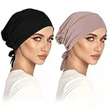 2er Pack Kopftuch Damen Hijab Undercap Cap Klassische Slouch Beanie Mütze Islamische Muslimische Mit Tie Back Solid Color Kopfbedeckung Chemo Schlafmütze