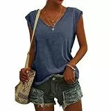 KOG Bluse Damen Elegant Ärmellose T-Shirt Shirt Casual Oberteile mit Flügelärmeln Frauen Kleidung Frau Sommer Shirts Top Damen V-Ausschnitte Tshirt Klamotten Dunkelblau S