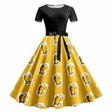 Generisch Damen Sommerkleid Rundhalsausschnitt Kurzärmelig Abnehmbarer Gürtel Oktoberfest-Print Lässiges Kleid (Yellow L)