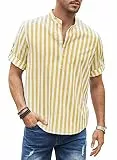 Meilicloth Hemd Herren Kurzarm Hawaii Hemd Männer Slim Fit Herren Gestreiftes Hemd Henley-Kragen Baumwolle Freizeithemden Sommerhemd Casual Gelb S