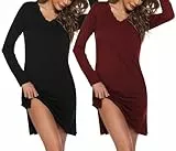 Ekouaer Nachthemd Damen Langarm Schlafshirt Nachtwäsche V-Ausschnitt Mit Spitze Nachtkleid,2er Pack,XL