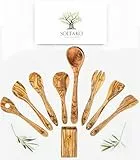 SOLTAKO Olivenholz Löffel Besteck Kochlöffel Reislöffel Spatel Schöpfkelle Salatbesteck Salatlöffel Küchenhelfer Besteckset Länge: 30cm (8-teilig + Besteckhalter) (8-teilig + Besteckhalter)