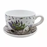 Dekohelden24 Blumentopf, Pflanztasse, Pflanzkübel, Pflanzgefäß, Blumenkübel, Pflanztopf. Übertopf als Tasse mit Griff aus Keramik, Motiv: Lavendel, L/B/H 20 x 15 x12 cm.