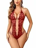 Avidlove Damen Einteiliger Dessous-Body mit tiefem V-Ausschnitt und Babydoll Weinrot Large