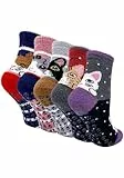 ZAKASA Kuschelsocken Damen Flauschig Socken: Winter Warme Stoppersocken Frauen Bettsocken Haussocken Antirutsch Lustig Tiermotiv Socken mit ABS Noppen Antirutschsohle 35-41 Katze 5 Paare