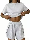 IECCP Schlafanzug Damen Kurz Pyjama T-Shirt Kurzarm Pyjamas Set Nachtwäsche Set Zweiteiliger Sommer Loungewear Sleepwear Grau und Weiß Gestreifter Schlafanzug M