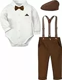 mintgreen Baby Junge Anzug Gentleman Hochzeit Kleidung Formell Hemd Set Hosenträger Fliege mit Hut, Braun, 9-12 Monate, 80
