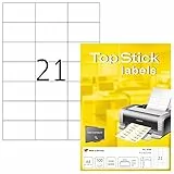 TopStick 8708 Adressetiketten, 100 Blatt, 70 x 42,3 mm, 21 pro A4 Bogen, 2100 Stück, selbstklebend, bedruckbar, matt, blanko Papier Adressaufkleber Etiketten, weiß