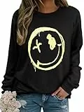 WIEIYM Damen-Sweatshirt, Smiley-Gesicht, Rundhalsausschnitt, langärmelig, Grafikdruck, Basic-Top, lässiger Pullover, S-XXL, Schwarz , M