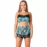 Bellivalini Damen Schlafanzug Zweiteiler Top mit Trägern Pyjama aus Satin V-Ausschnitt Muster BLV50-266 (Smaragdblätter, XS)