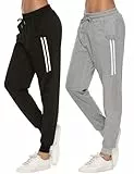 Sykooria Damen Jogginghose Sporthose Lang Yoga Hosen Freizeithose Laufhosen Baumwolle High Waist Trainingshose für Frauen, 2pcs-Schwarz+Grau, XL