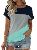 Fisoew Damen T-Shirt Rundhals Farbblock Kurzarm Shirt Casual Oberteil Sommer Locker Baumwolle Tee Tops (Blau, M)