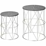 Outsunny 2er-Set Beistelltisch Stapelbar Gartentisch in Marmor Optik Balkontisch aus Metall, runder Kaffeetisch 50kg belastbar, Ø38x52,5 cm Sofatisch für Outdoor Indoor Balkon Rose+Gold+Grau