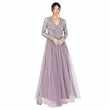 Women's Maxi Dress Ladies Embellished Wrap Tulle Frilly V-Neck Long Sleeve for Wedding Guest Bridesmaid Prom Ball Gown, Moody Lilac, 46
