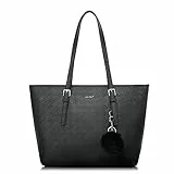 TANTOMI Handtasche Damen,Elegant Umhängetasche Tasche Damen, Schultertasche Damen,Shopper Damen Groß für Büro Schule Einkauf mit Kaninchen Pelz Kugel Plüsch Schlüsselring Schwarz