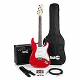 RockJam E-Gitarren-Set volle Größe für Anfänger, Rot, 6 Saiten mit 10-W-Verstärker, Tasche, Gurt, Kabel, Plektren und Tremolo