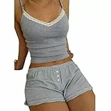 Yassiglia Damen Y2k Pyjama Set Sommer Zweiteiler Kurz Schlafanzug Elegant Leicht Lounge Set Camisole Top Und Shorts Set Aesthetic Loungwear Clothes (Grau, S)