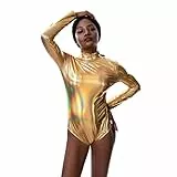 IBAKOM Frauen Shiny Lycra Rollkragen Ballett Tanz Trikot Metallic Gymnastic Ballsaal Kostüm Tank Body Gold M