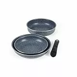 Russell Hobbs Nightfall Stone 3-teiliges Pfannenset – 24 cm Schmorpfanne, 22 & 26 cm Antihaftpfannen, Smart Clip Abnehmbarer Griff, Stapelbares Aluminium-Kochgeschirr, Für Induktion geeignet