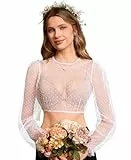 DIRNDLSTERN Bluse Damen Langarm – Dirndlbluse Transparent mit Punkten Trachtenbluse Puffärmel für Oktoberfest & Bayerische Weiß 42