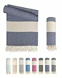 LAYNENBURG Premium Hamamtuch mit handgeknüpften Fransen - 100% Baumwolle - XXL Strandtuch 95x180 cm - Oeko TEX 100 - Strand-Handtuch Karomuster groß - Reisehandtuch & Saunatuch (Marineblau)