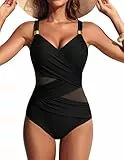 Hanna Nikole Badeanzüge Damen Schwarz，überlappende Falten Sexy Badeanzüge für Damen Bauchweg,Bademode für Strandparty Schwarz L