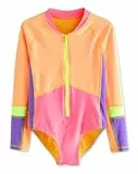 Mädchen-Badeanzug, einteilig, langärmelig, Badeanzug für Mädchen, LSF 50+, Or&Pink Colourblock, 11 Jahre