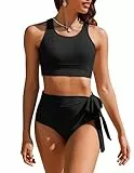 AI'MAGE Bikini Damen Set Zweiteiliger Badeanzug Sexy High Waisted Bikinis Oberteil mit Krawattenknoten Badeanzüge Bademode Blumenmuster, Schwarz, M