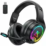 Krysenix PG4 2.4GHz Gaming Headset Wireless für PS4, PS5, PC, Mac, Switch, 48H Gaming Headset mit Noise Cancelling Mikrofon, Kabelloses Bluetooth Headset mit LED-Lichtern, Surround Sound, Rußschwarz