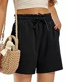 Libin Kurze Hose Damen Leinen Imitiert Shorts Sommer Strandshorts High Waist Kordelzug Freizeit Shorts mit Taschen Schwarz S