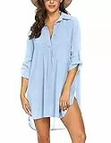 UNibelle Sommerkleider Damen Leicht Luftig Bikini Cover Up Tunika Bluse Strandkleid Shirt Strandbluse Sommer Cuffed Sleeve Shirts Tops, Himmelblau, S