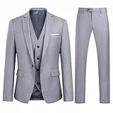 Sliktaa Herren Anzüge 3 Teilig Slim Fit Formell Anzug Set Elegant Herrenanzug Sakko Weste Hose Hochzeit Business Party Hellgrau L
