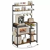 VASAGLE Küchenregal, Standregal mit Steckdosen, Kaffeebar, Bäckerregal, 8 S-Haken, mit Korb, Gewürzregal, 40 x 90 x 165,5 cm, vintagebraun-tintenschwarz KKS031K11